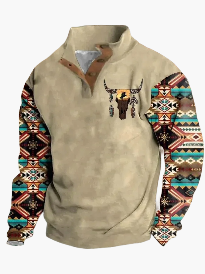 Pull Homme Style Western Vintage à Imprimé Ethnique et Col Montant – Décontracté et Tendance