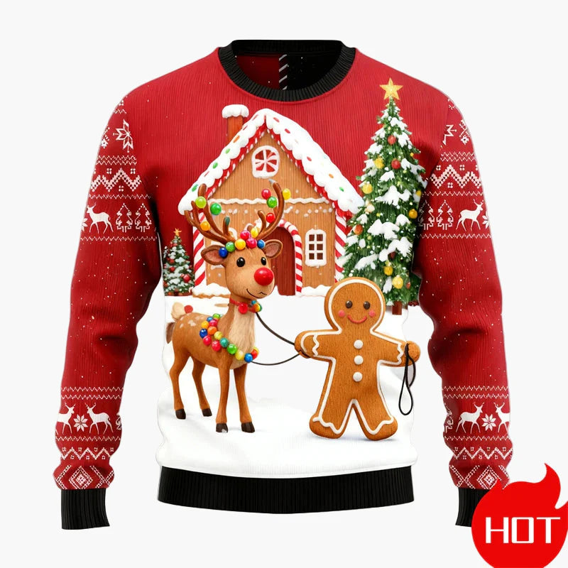Pull de Noël homme style fun avec motifs pain d'épices et décorations festives pour fêtes