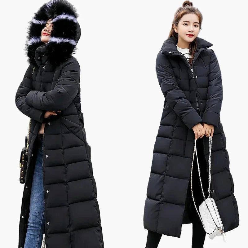 Manteau Doudoune Longue Femme Style Coréen avec Capuche et Col Fourrure - Hiver Élégant et Chaud