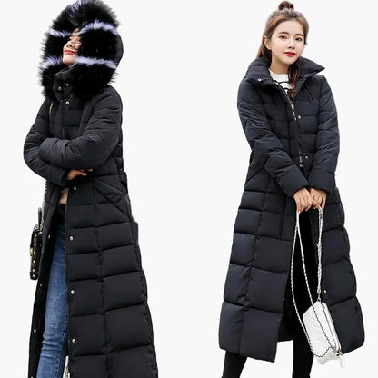 Manteau Doudoune Longue Femme Style Coréen avec Capuche et Col Fourrure - Hiver Élégant et Chaud