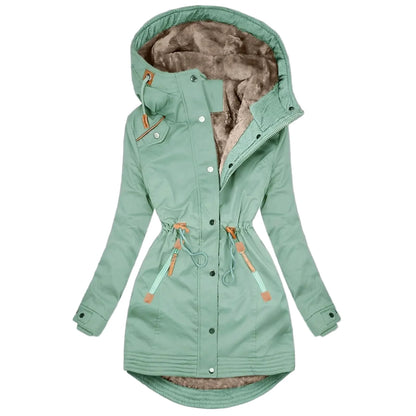 Veste imperméable femme à capuche style trench, doublure chaude, coupe longue tendance, manteau coupe-vent urbain