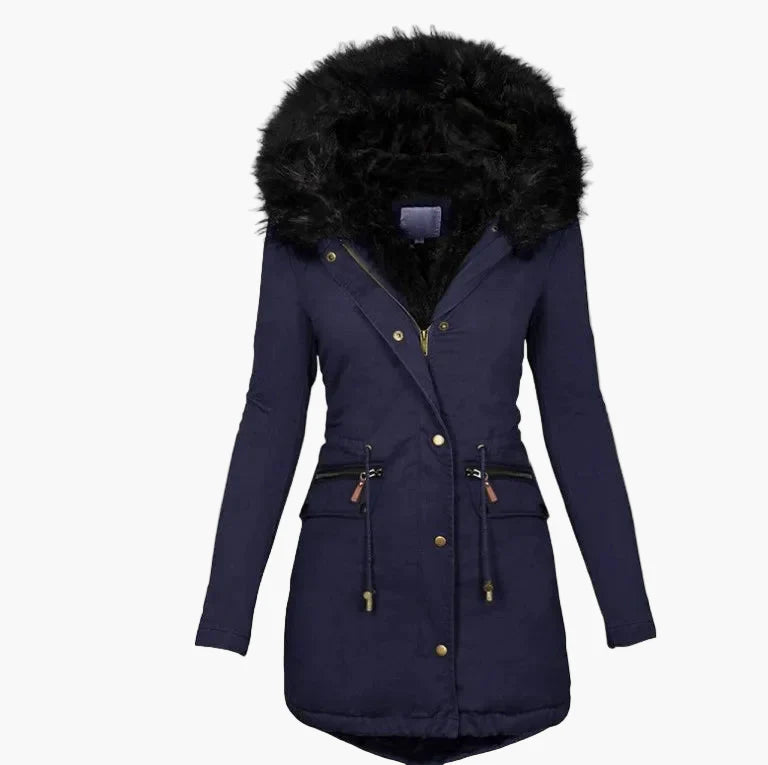 Manteau d’Hiver Femme Élégant à Capuche avec Fourrure – Style Européen Mi-Long pour Temps Froid