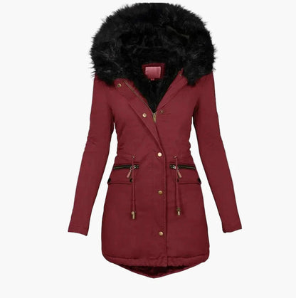 Manteau d’Hiver Femme Élégant à Capuche avec Fourrure – Style Européen Mi-Long pour Temps Froid