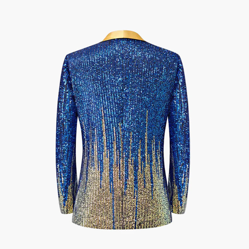 Veste de soirée homme style smoking pailletée à col contrasté, idéale pour fêtes et spectacles