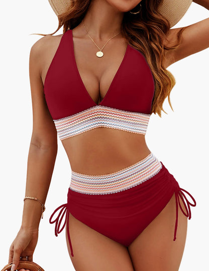 Bikini Femme Taille Haute Style Bohème – Maillot Deux Pièces Sculptant Idéal Plage & Piscine