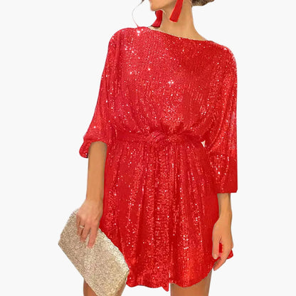 Robe de soirée à paillettes femme coupe ample manches longues – Style chic et glamour pour cocktail, fête ou événement spécial