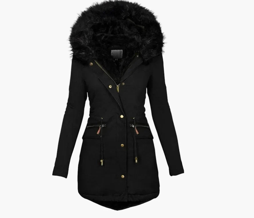 Manteau d’Hiver Femme Élégant à Capuche avec Fourrure – Style Européen Mi-Long pour Temps Froid