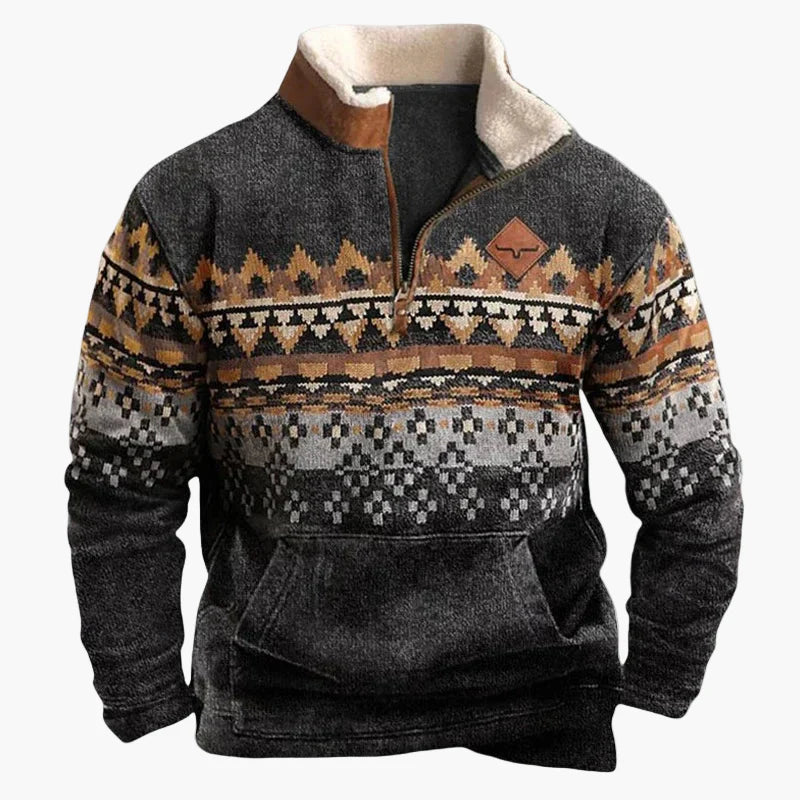 Sweat-shirt polaire homme style western à col zippé – Motifs ethniques et bisons