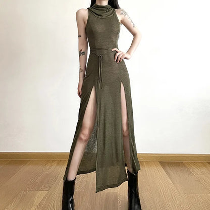 Robe Maxi à Col Bénitier, Sans Manches, Fendue et Creuse, à Capuche