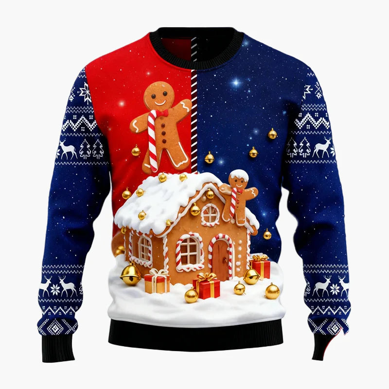Pull de Noël homme style fun avec motifs pain d'épices et décorations festives pour fêtes