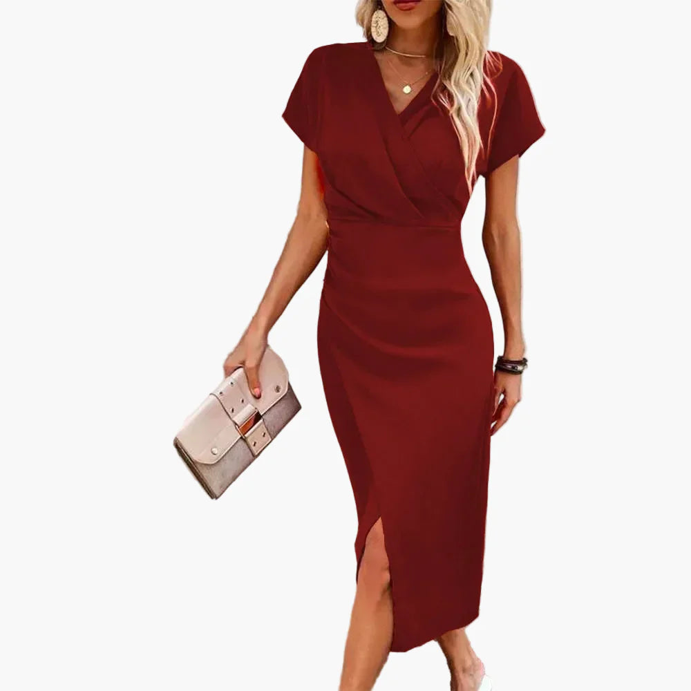 Vestito Midi Elegante a Maniche Corte da Donna Stile Incrociato Informale Ideale per Serata o Ufficio