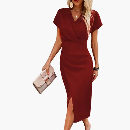 Vestito Midi Elegante a Maniche Corte da Donna Stile Incrociato Informale Ideale per Serata o Ufficio