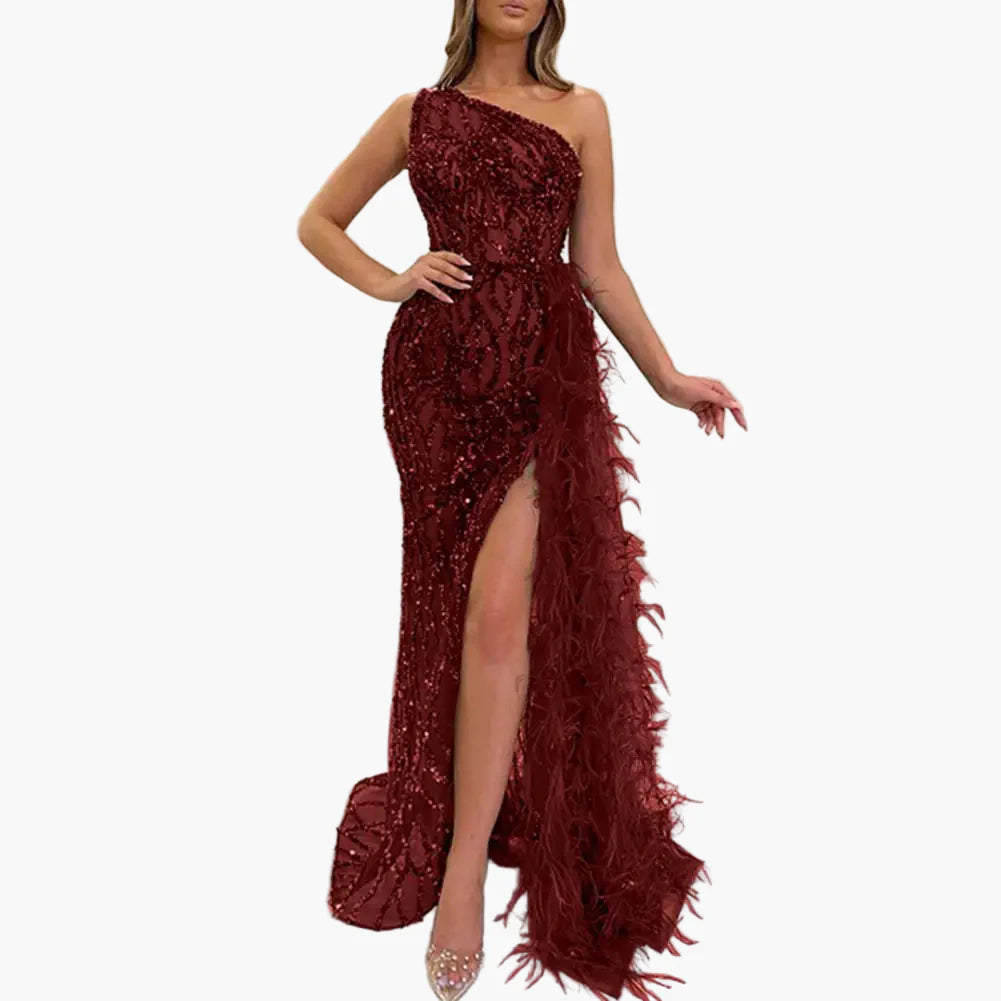Robe de soirée longue femme à sequins style sirène fendue avec épaules asymétriques pour événements élégants