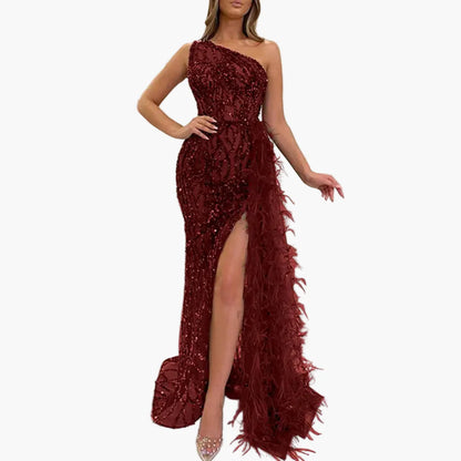 Robe de soirée longue femme à sequins style sirène fendue avec épaules asymétriques pour événements élégants