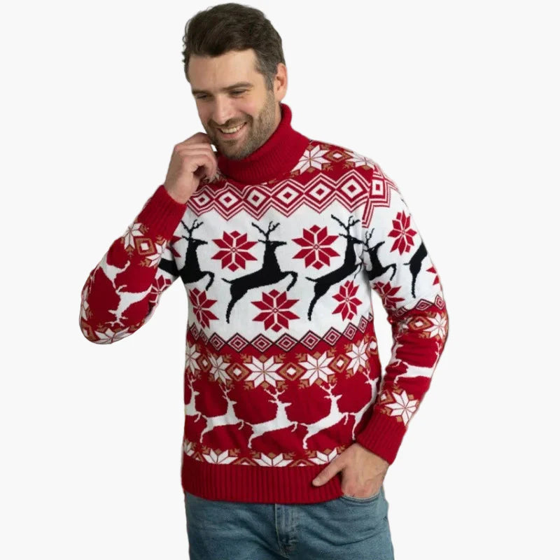 Pull de Noël à Col Montant pour Femme – Motifs Cerfs et Flocons, Style Hiver Festif