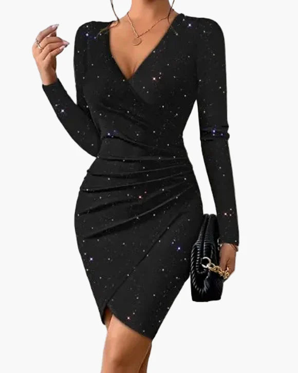 Robe Femme Élégante de Soirée à Manches Longues, Style Portefeuille, Look Galaxie, Chic et Moderne