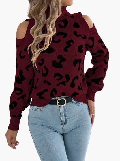 Pull femme tendance à épaules dénudées motif léopard style urbain