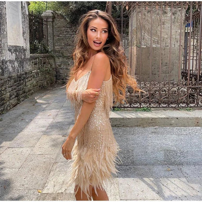 Abito da sera donna stile anni '20 con frange e piume – Perfetto per serata elegante o festa alla moda