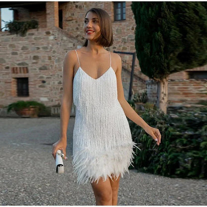 Abito da sera donna stile anni '20 con frange e piume – Perfetto per serata elegante o festa alla moda