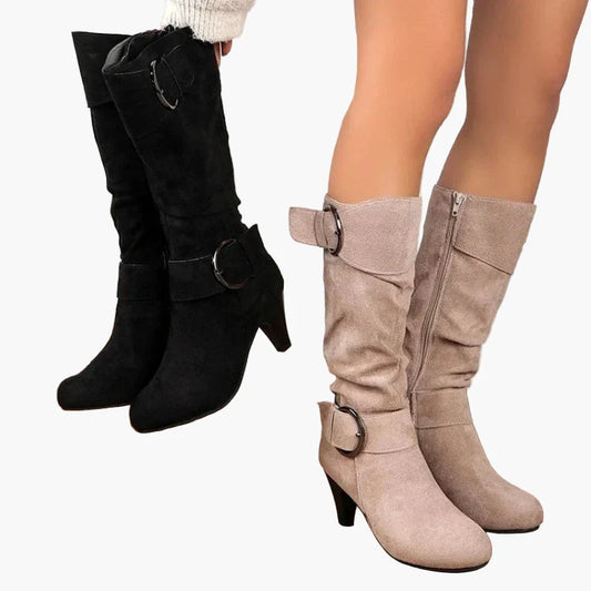 Bottes à talon mi-mollet femme style chic avec boucle – Idéales pour l'automne et l'hiver