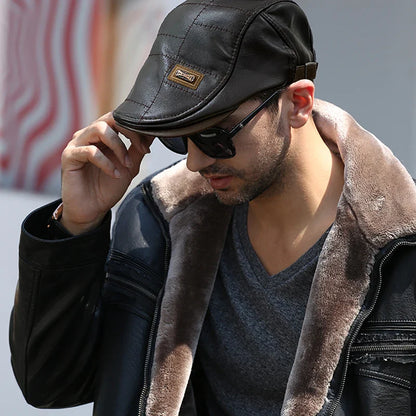 Christopher – Béret d'Hiver en Cuir Synthétique pour Hommes avec Visière