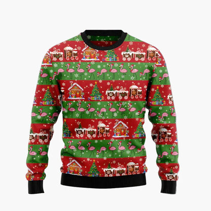 Pull de Noël fantaisie unisexe style "Ugly Christmas Sweater" avec flamants roses et message humoristique