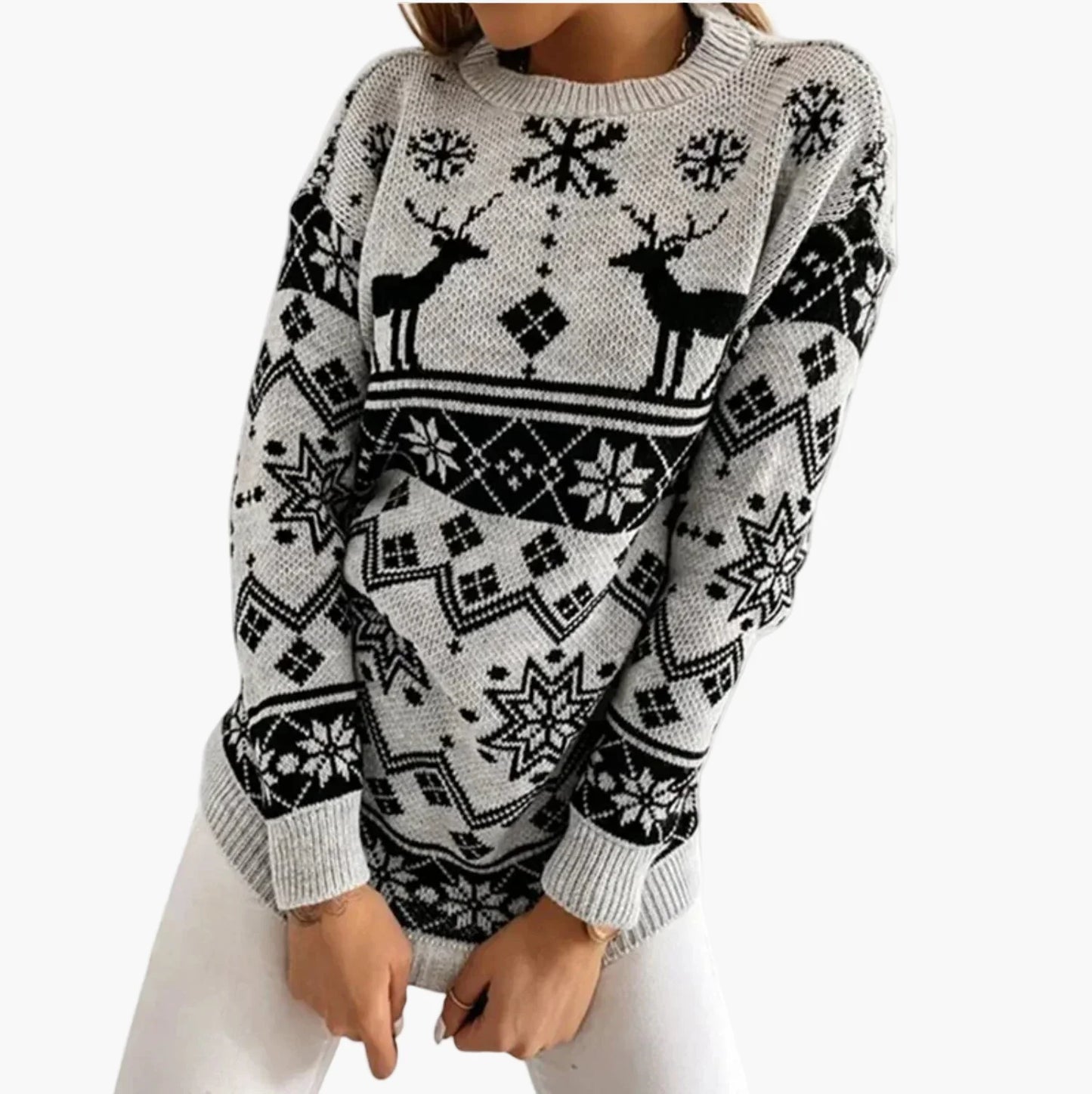 Pull de Noël Femme Motif Renne et Flocons Style Décontracté et Festif