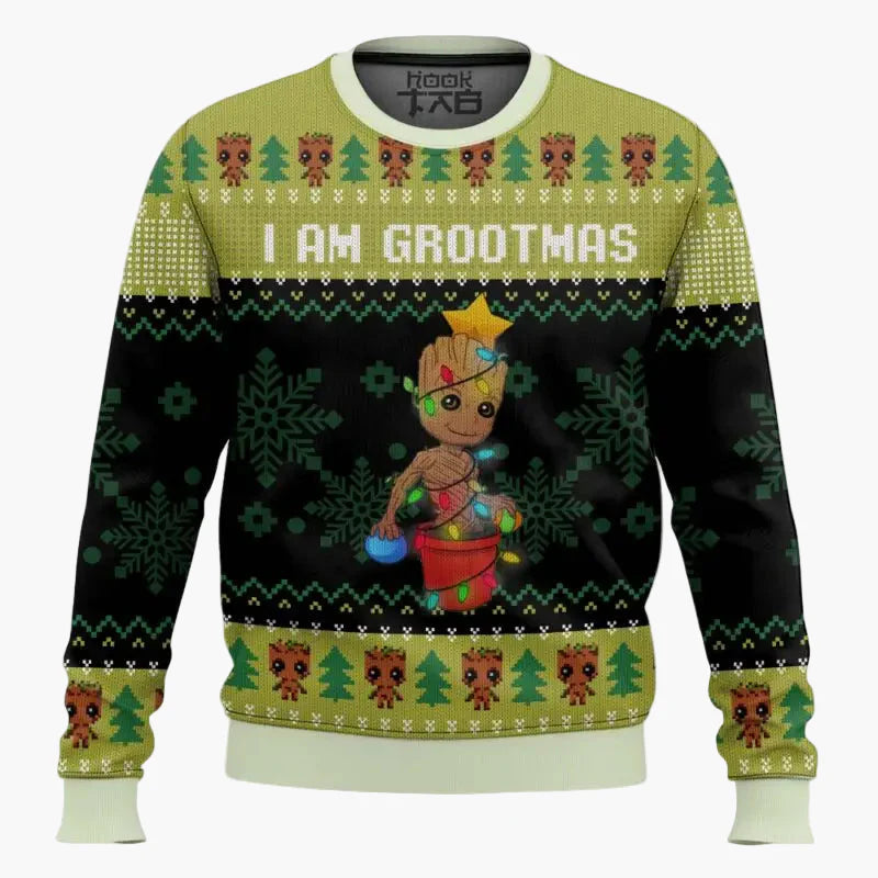 Pull de Noël unisexe style geek "I Am Grootmas" – Sweat-shirt humoristique à motif Baby Groot pour fans de Marvel