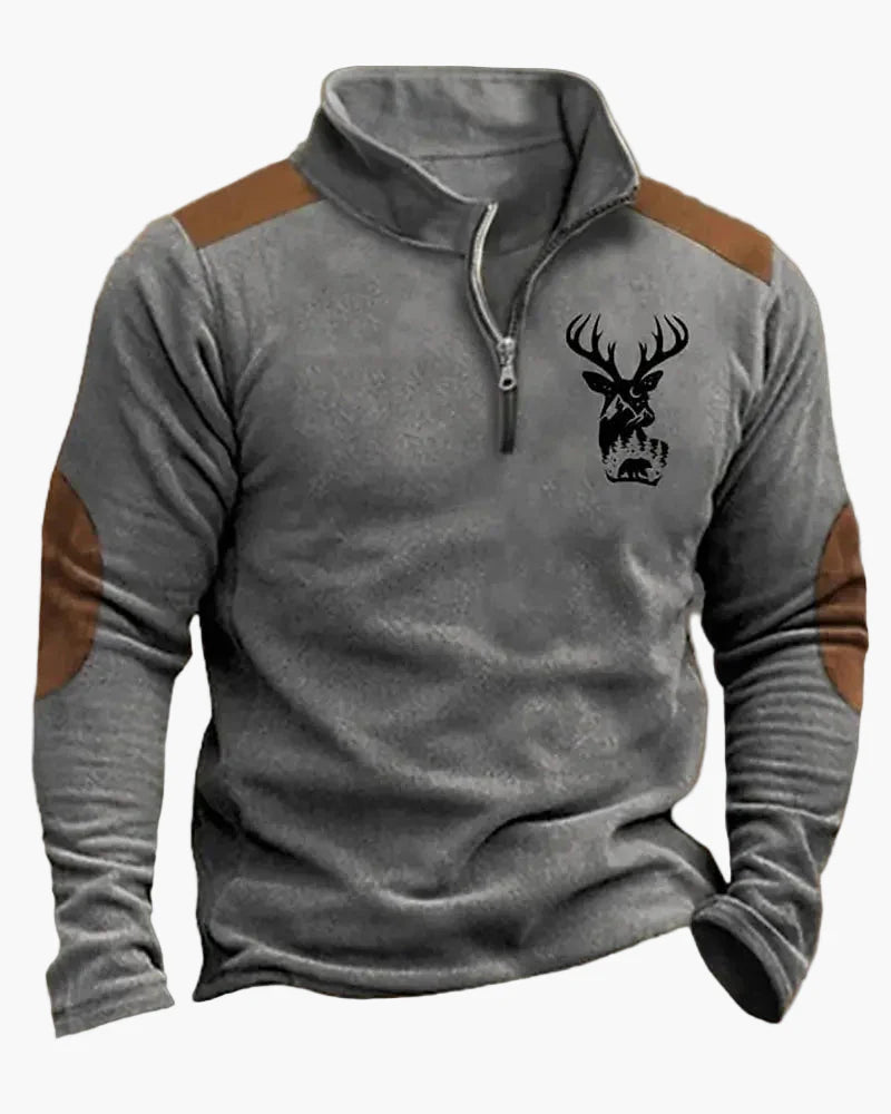 Sweat-shirt Homme Demi-zip Style Chasse Motif Cerf – Décontracté et Tendance