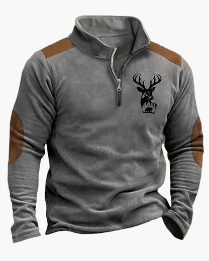 Sweat-shirt Homme Demi-zip Style Chasse Motif Cerf – Décontracté et Tendance