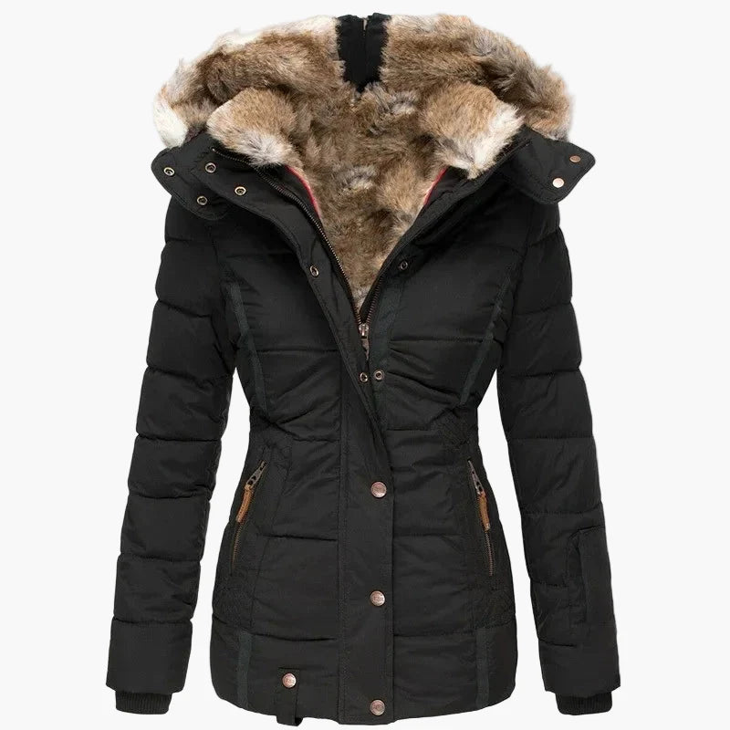 Manteau d'hiver femme à capuche style urbain élégant, coupe cintrée, col fourrure et fermeture zippée