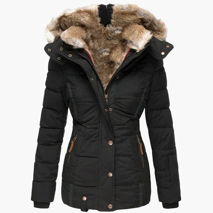 Manteau d'hiver femme à capuche style urbain élégant, coupe cintrée, col fourrure et fermeture zippée