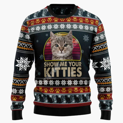 Pull de Noël homme style humoristique chat "Show Me Your Kitties" – Sweat à motif chat et flocons, idéal fêtes et cadeaux