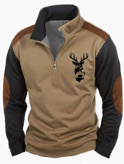 Sweat-shirt Homme Demi-zip Style Chasse Motif Cerf – Décontracté et Tendance