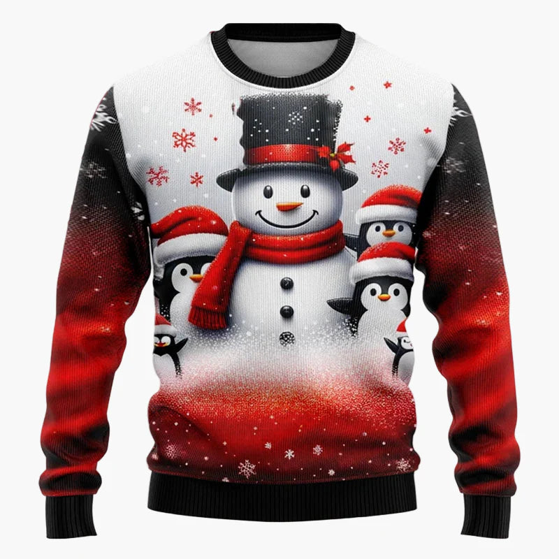 Pull de Noël fantaisie unisexe – Scène festive avec Père Noël et bonhomme de neige, idéal fêtes et cadeaux