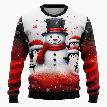 Pull de Noël fantaisie unisexe – Scène festive avec Père Noël et bonhomme de neige, idéal fêtes et cadeaux