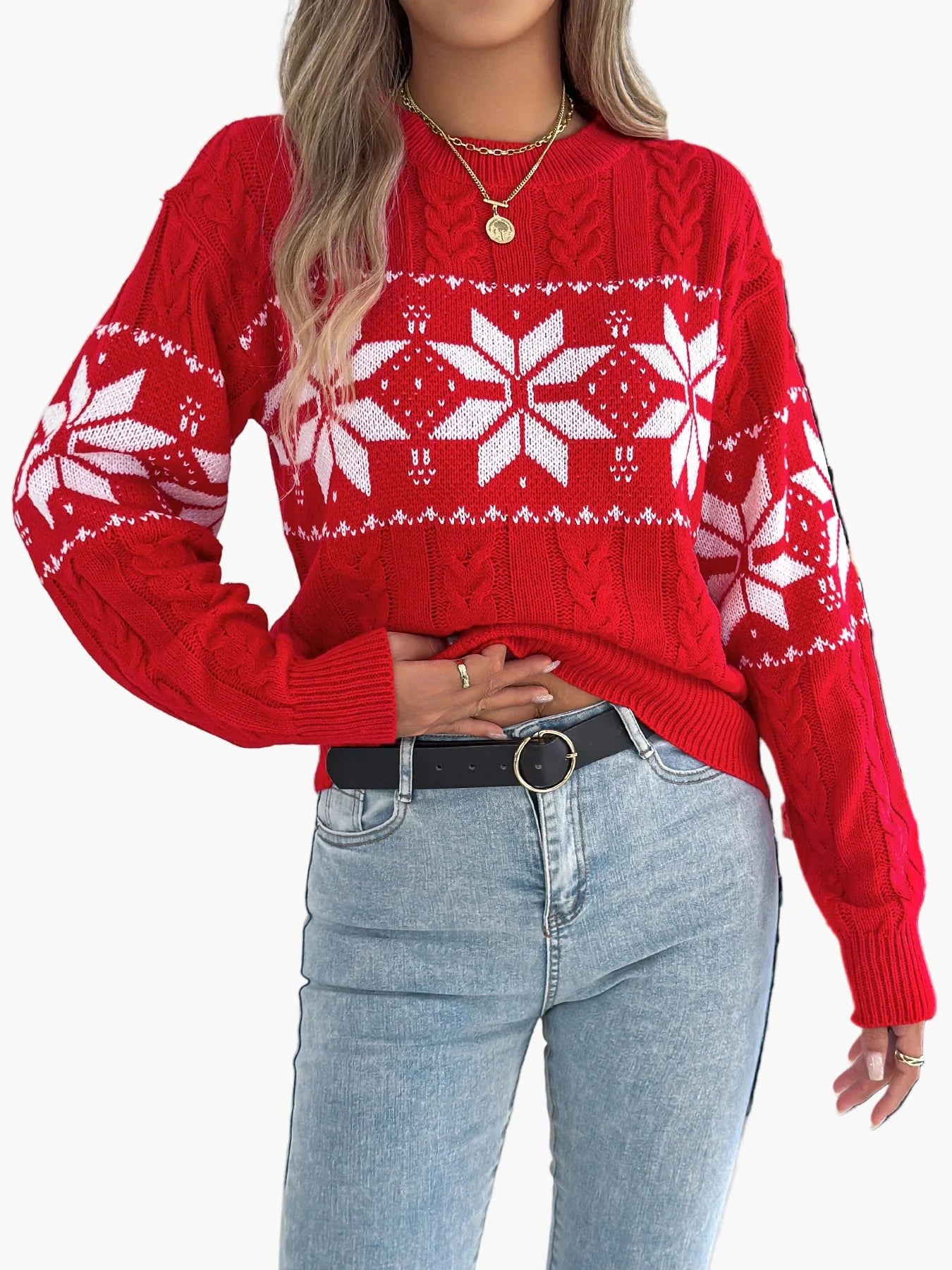 Pull de Noël femme style nordique à motif flocon, idéal pour l'hiver et les fêtes