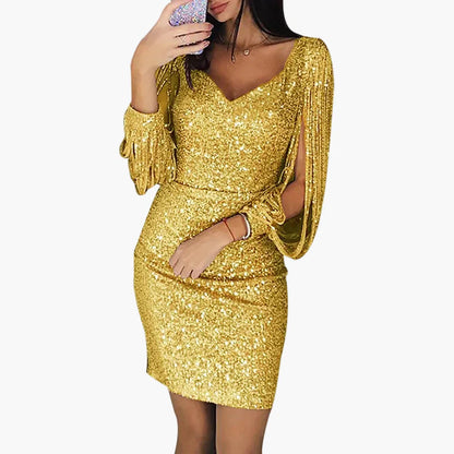 Robe Femme Soirée Élégante Pailletée à Manches Fendues Style Glamour pour Cérémonie et Fête