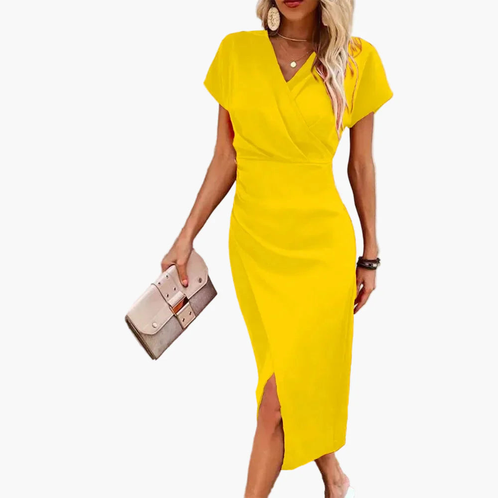 Vestito Midi Elegante a Maniche Corte da Donna Stile Incrociato Informale Ideale per Serata o Ufficio