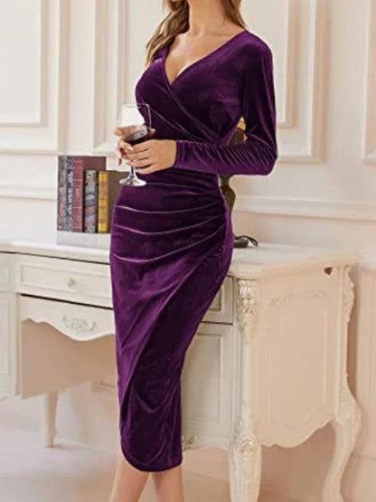 Sara – Robe Midi en Velours à Manches Longues