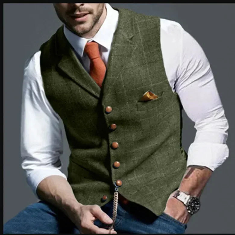 Bruce – Gilet Formel en Tweed à Carreaux pour Homme avec Col en V