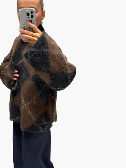 Pull oversize à motif losanges pour femme, style décontracté et tendance, idéal pour l'automne et l'hiver