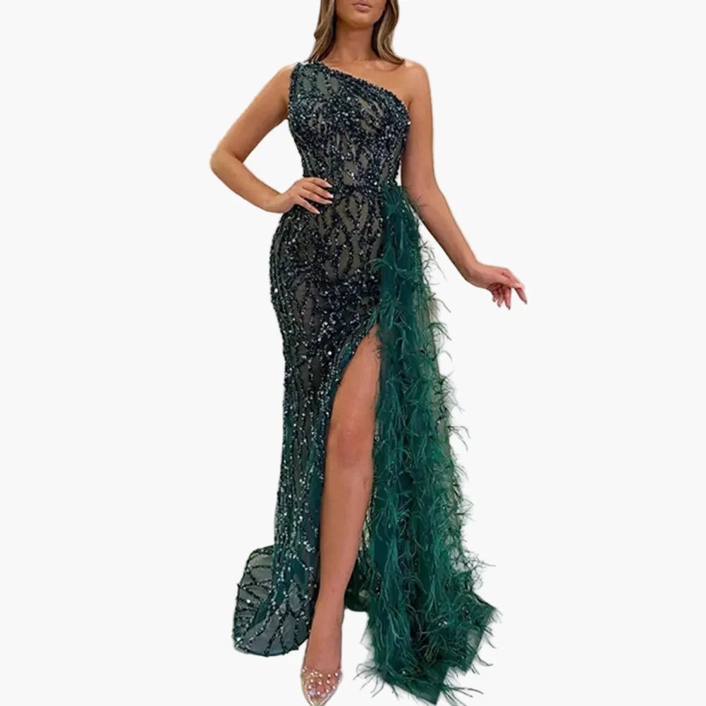 Robe de soirée longue femme à sequins style sirène fendue avec épaules asymétriques pour événements élégants
