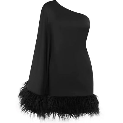 Ailani - Mini Robe Asymétrique Bordée de Plumes - Noir