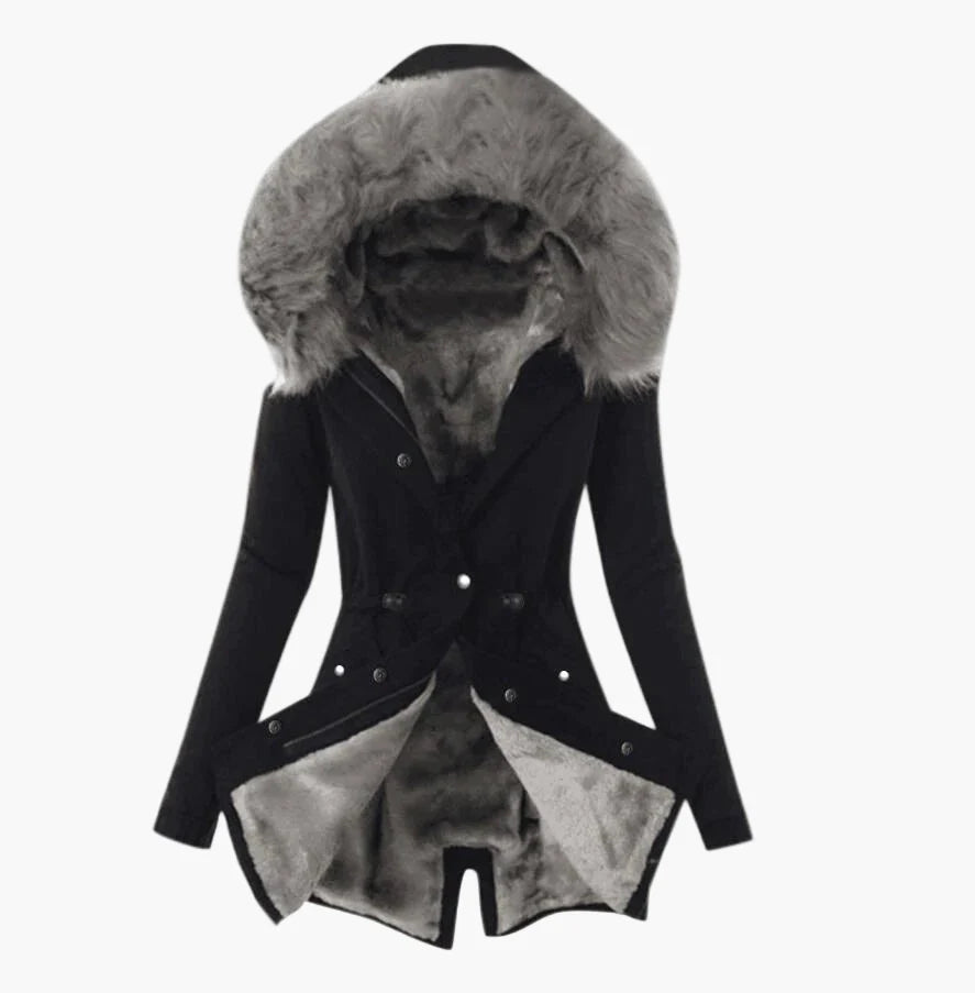 Manteau d'hiver femme élégant à capuche large fourrée style urbain chaud