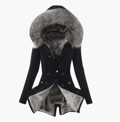 Manteau d'hiver femme élégant à capuche large fourrée style urbain chaud