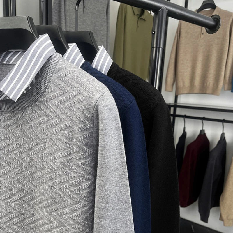 Pull col chemise effet superposé pour homme, style décontracté chic, idéal bureau et quotidien
