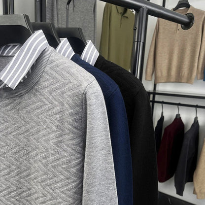 Pull col chemise effet superposé pour homme, style décontracté chic, idéal bureau et quotidien