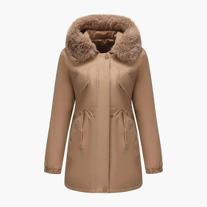 Manteau d'hiver à capuche pour femme, style élégant avec col en fausse fourrure