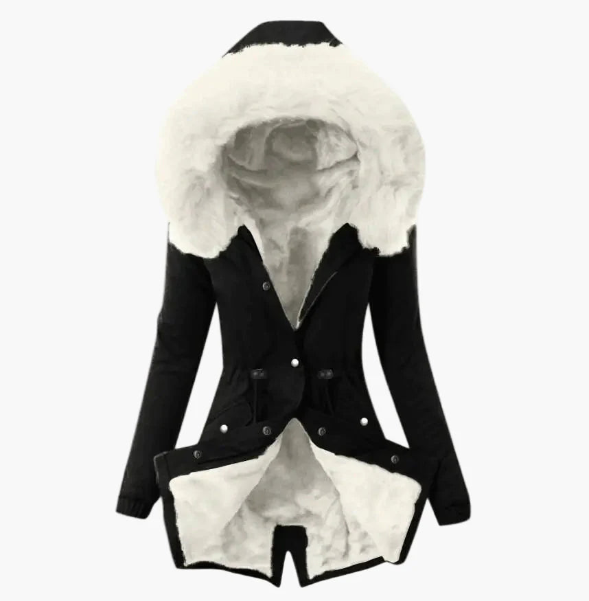 Manteau d'hiver femme élégant à capuche large fourrée style urbain chaud